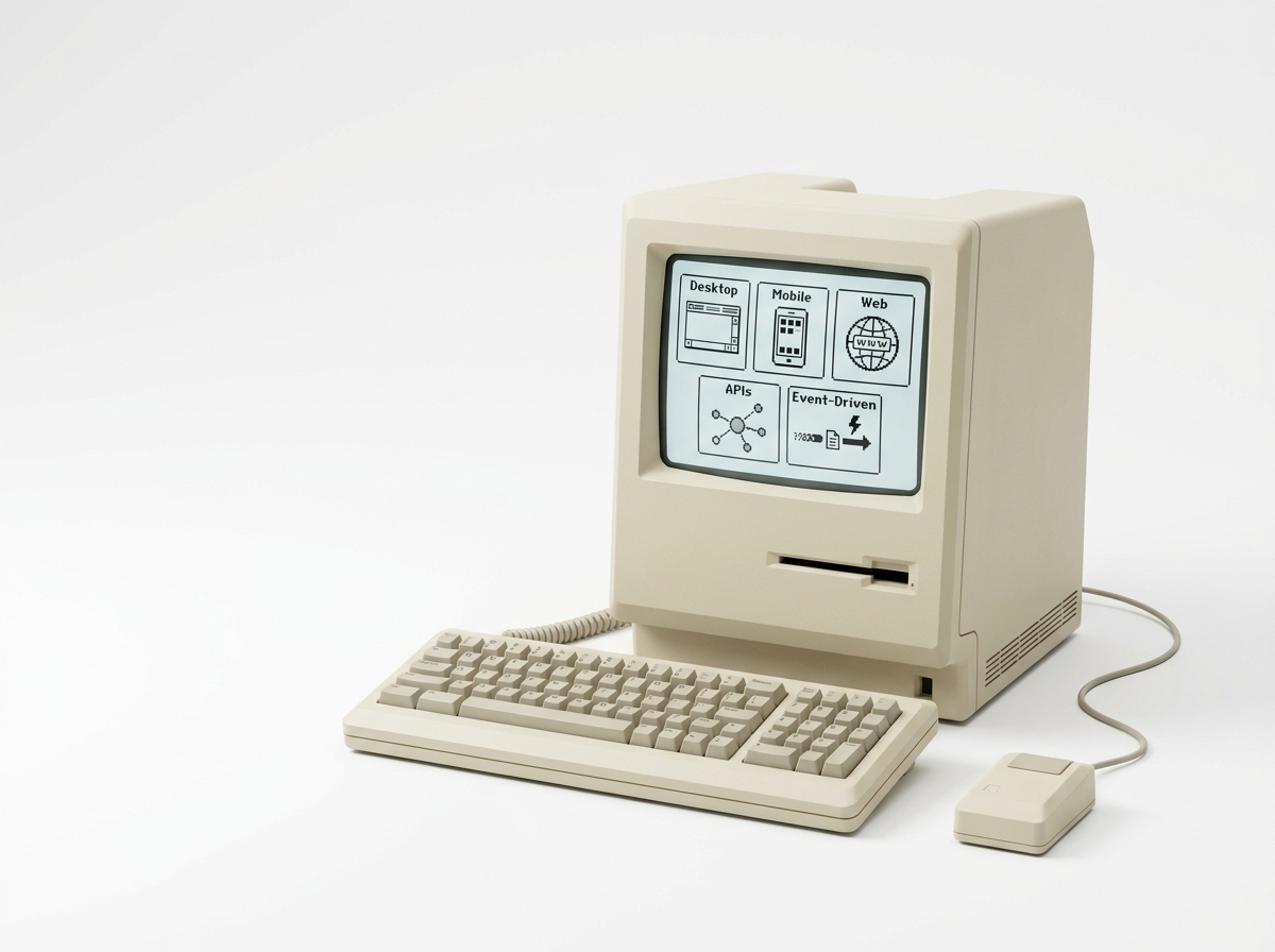 Illustration of the delivery stack behind desktop, mobile, web, API, and event-driven products